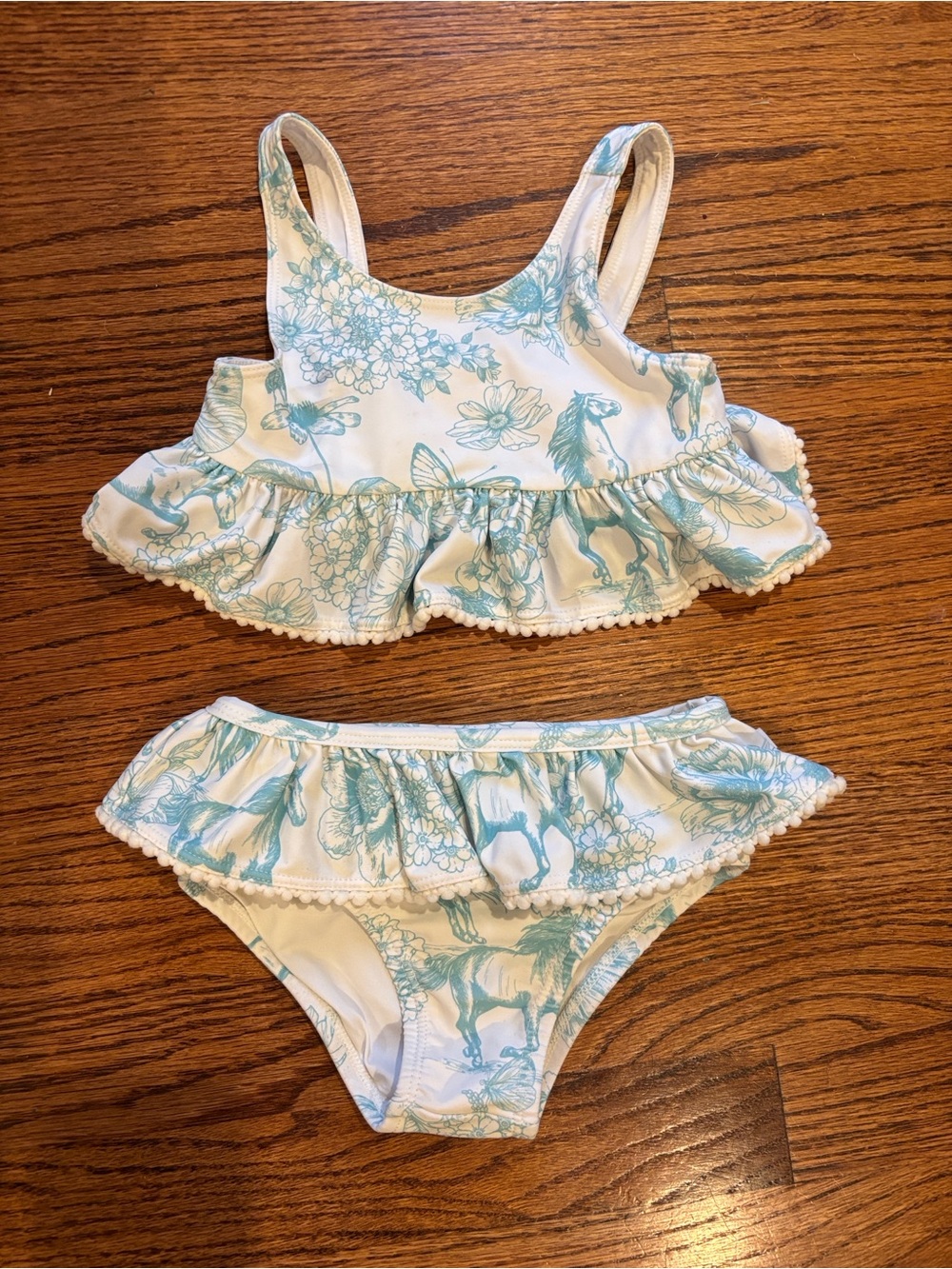 Posh Peanut Girls Two Piece Ruffle Bikini Blue Horses & Floral Print Size 2T